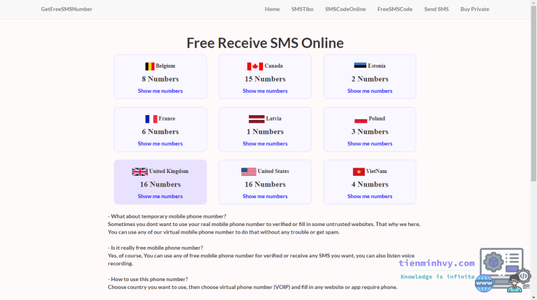 Một số trang nhận SMS online miễn phí